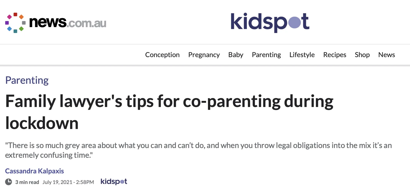 Kidspot (news.com.au) feature: Family lawyer's tips for co-parenting during lockdown