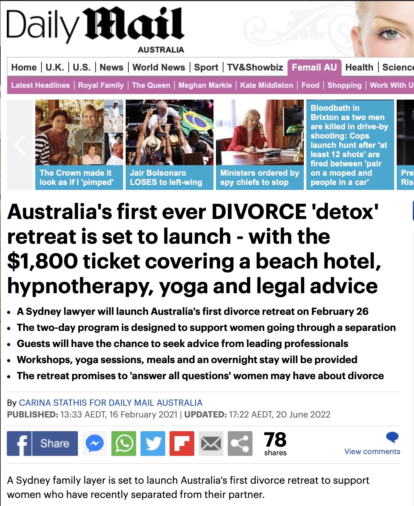 Daily Mail feature: Australia's first ever DIVORCE 'detox' retreat is set to launch - with the $1,800 ticket covering a beach hotel, hypnotherapy, yoga and legal advice